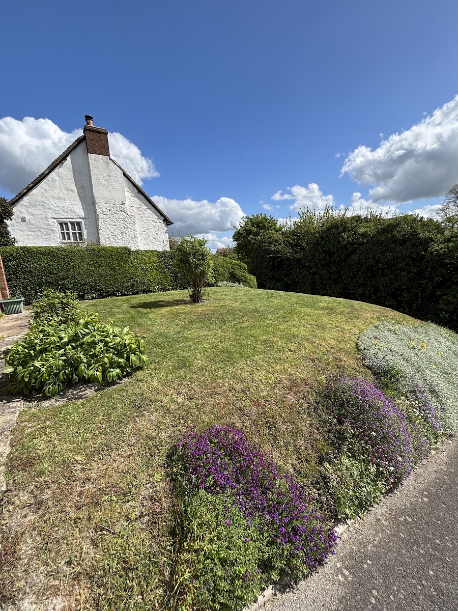 Neatly clipped hedge beside a cottage