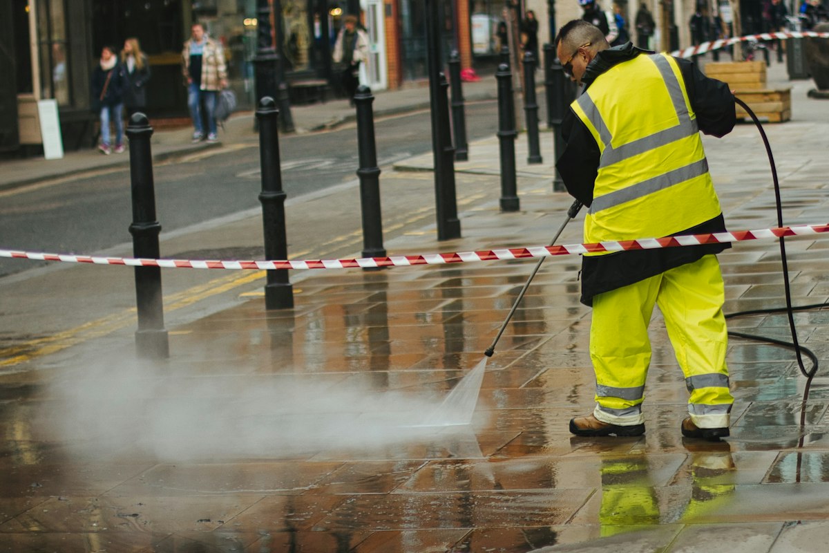 Paving being jet washed
