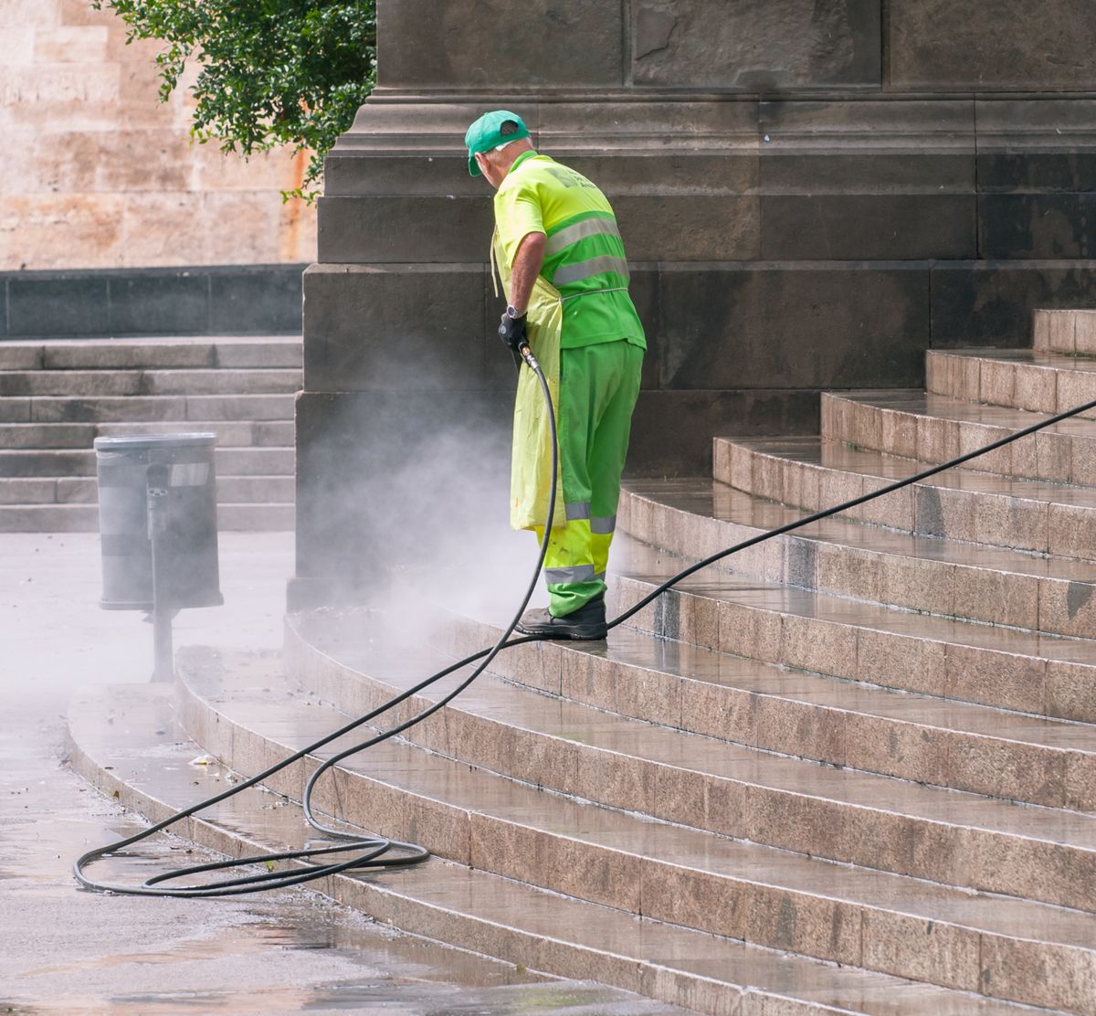 Stone steps being pressure washed